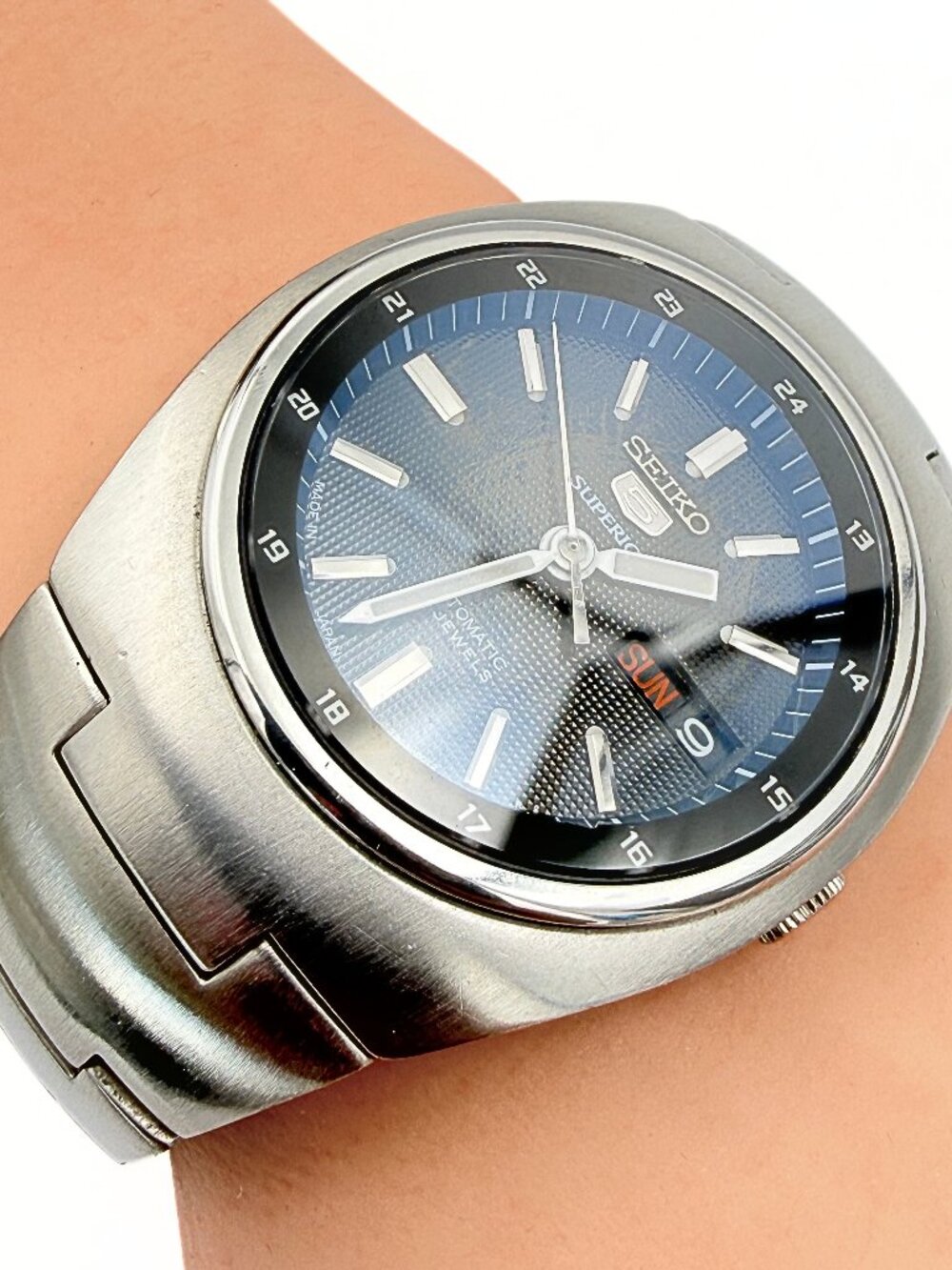 Seiko 5 Superior Blue Chevron Dial Stainless Steel Cushion Case Automatic Watch